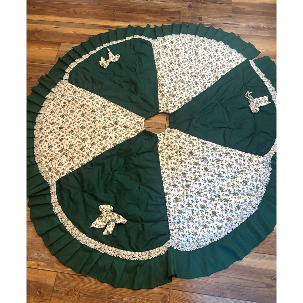 Christmas Tree Skirt Green 49" Machine &‎ Hand Stitch Lace Homemade Vtg